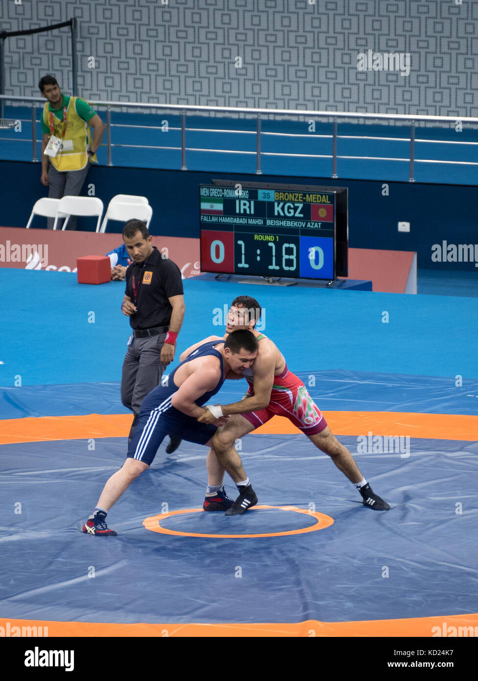 Baku, Azerbaijan - May 18, 2017 : Greco Roman wrestling 85kg bronze medal final at 4th Islamic Solidarity Games, Baku, Azerbaijan Stock Photo