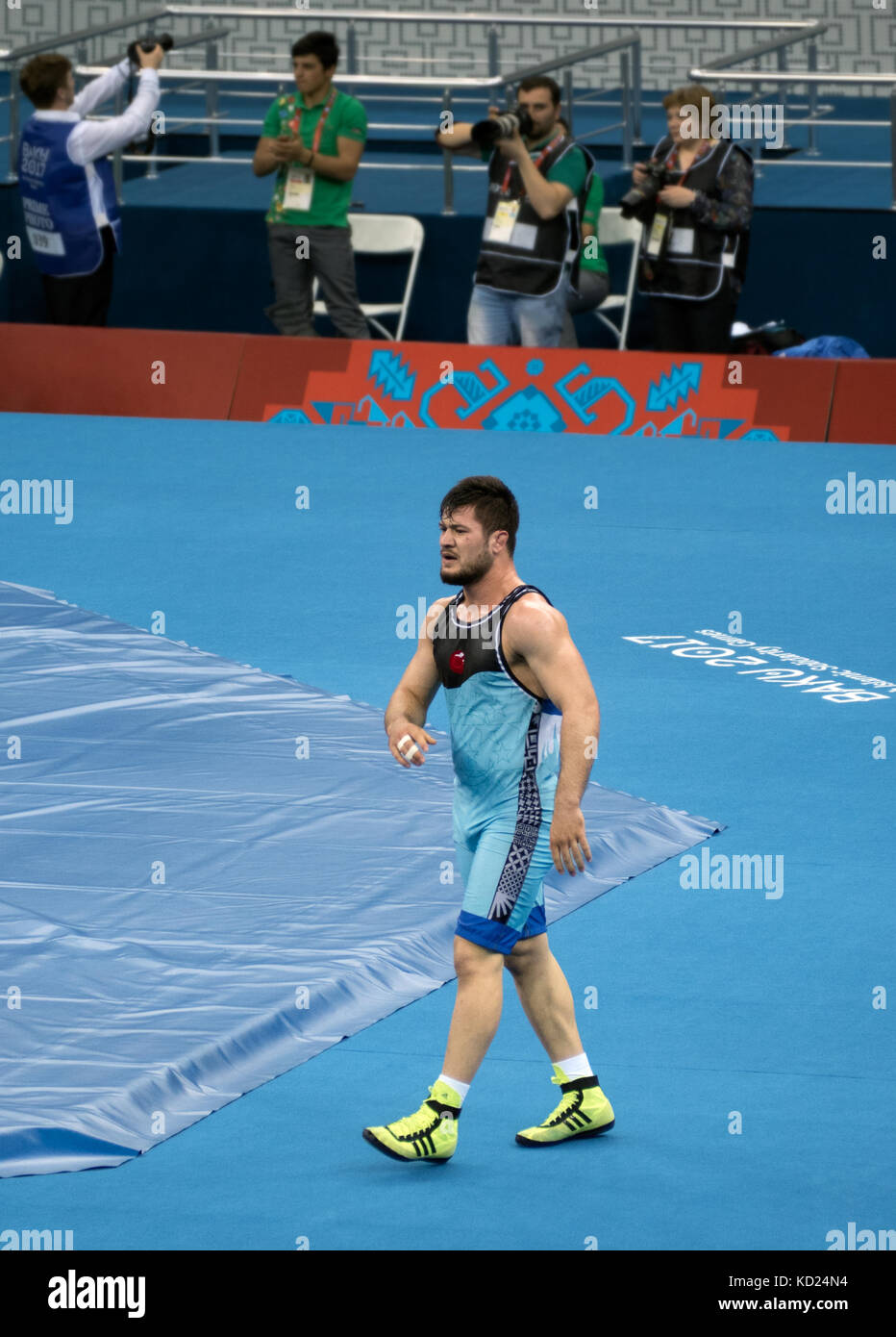 Baku, Azerbaijan - May 18, 2017 : Ali Chengiz ( Turkey ) during greco roman wrestling final at 4th Islamic Solidarity Games Stock Photo