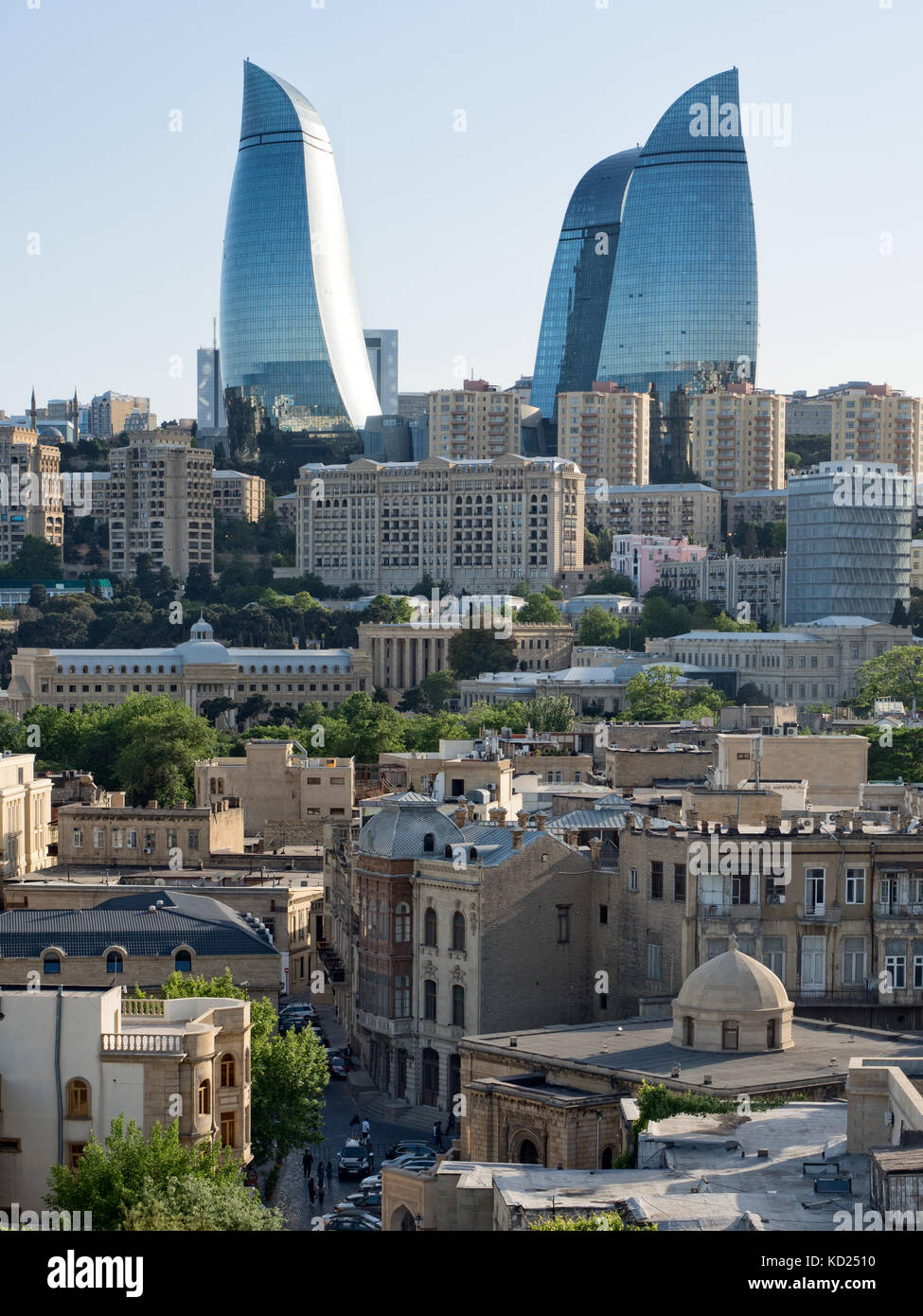 Flame towers dominating Baku skyline, Azerbaijan Stock Photo
