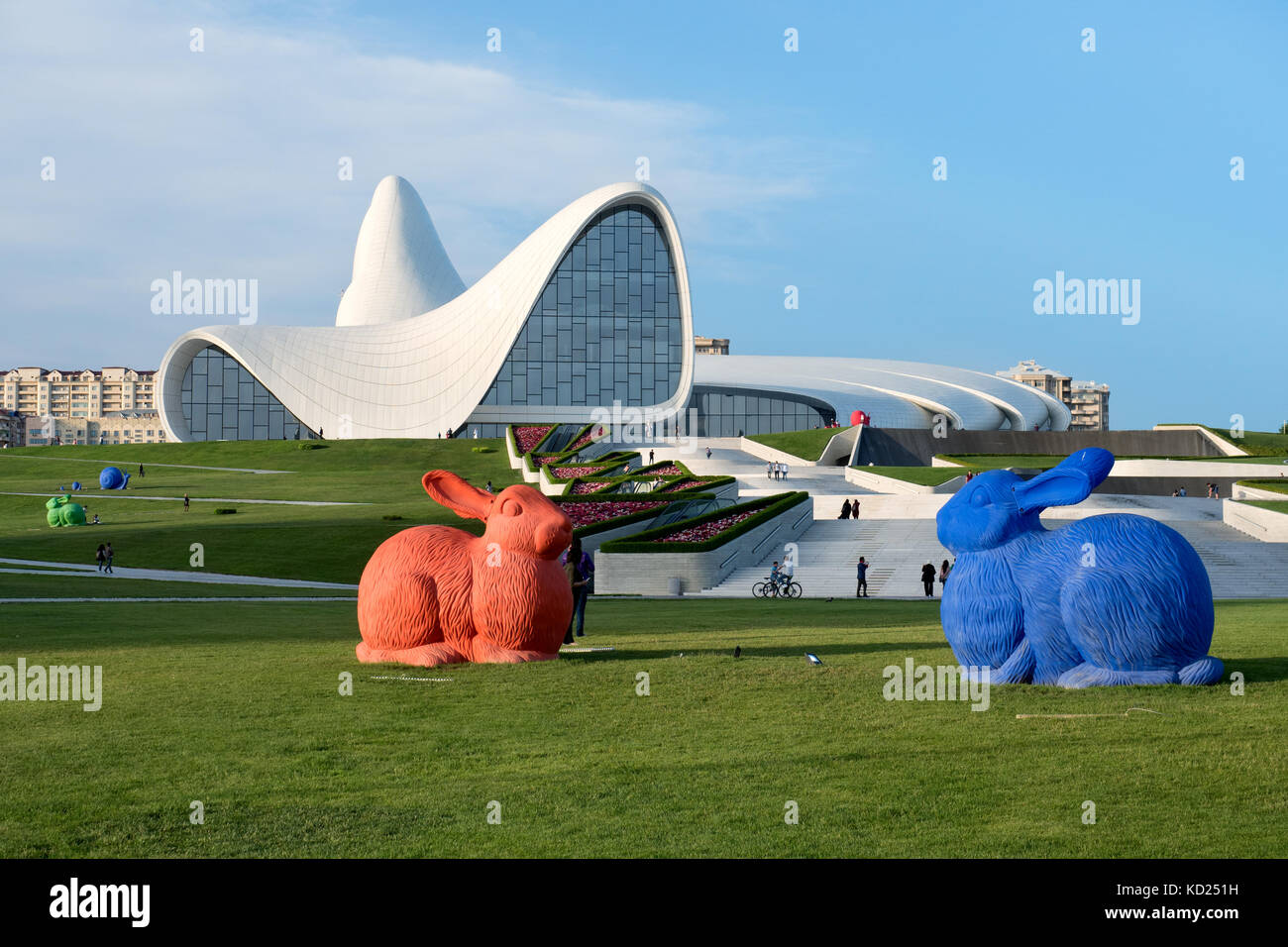 Colorful rabbit sculptures in front of Heydar Aliyev Centre, Baku, Azerbaijan Stock Photo