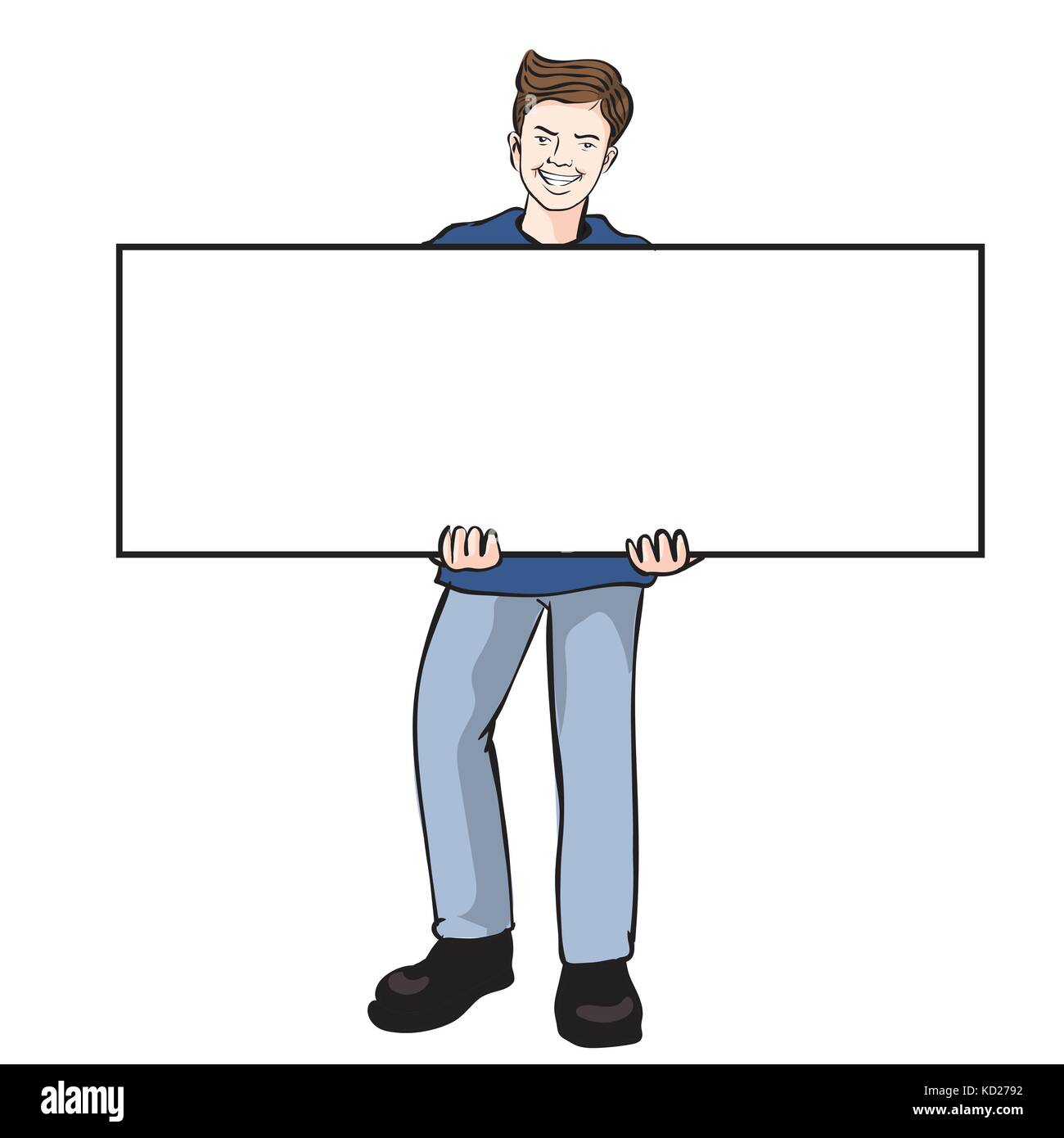 Man holding blank board, holds a placard. The man  holding a white poster isolated on white background. Vector Illustration Stock Vector