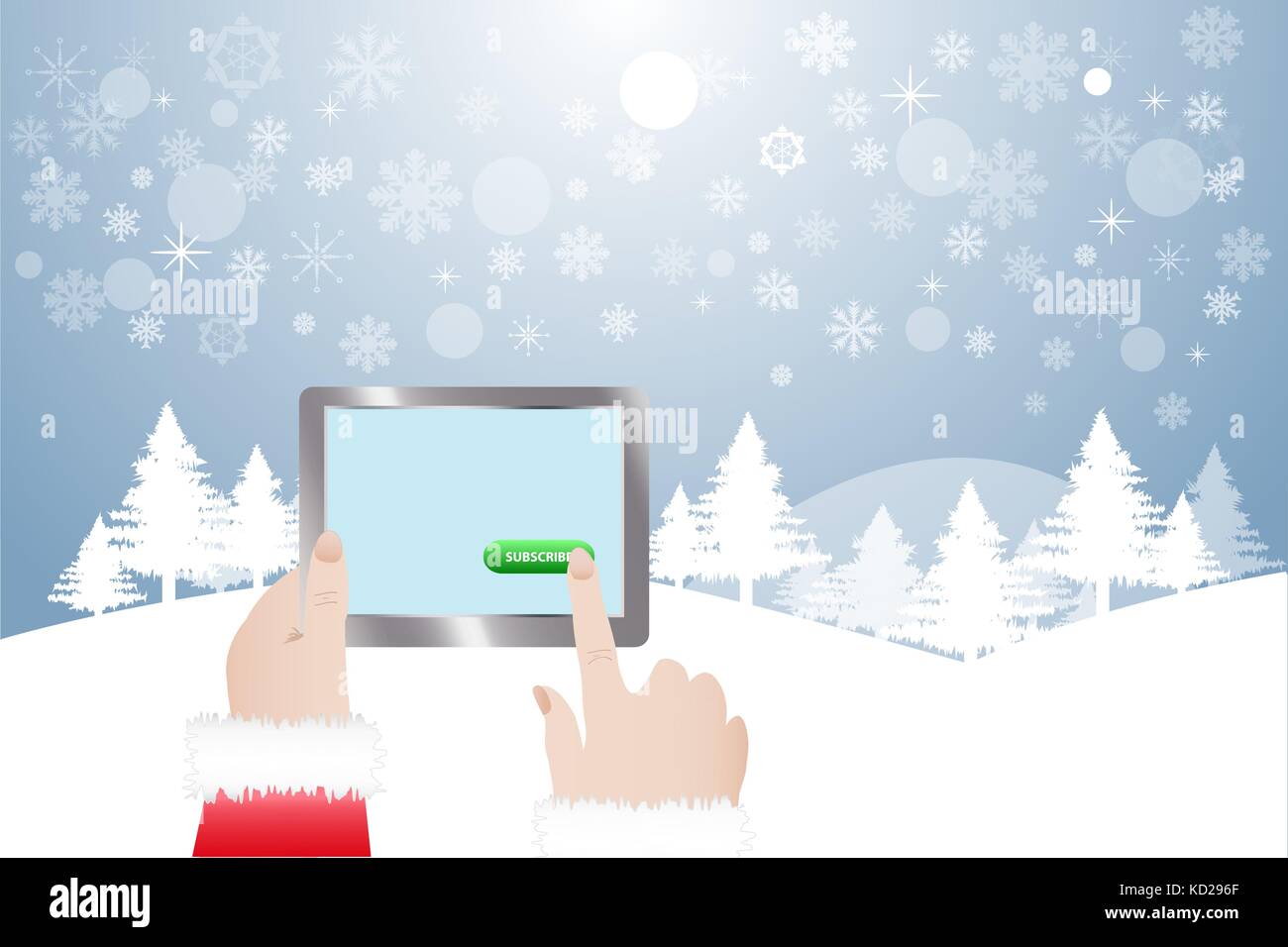 View of finger of Santa Claus touching green button Subscribe in tablet ...