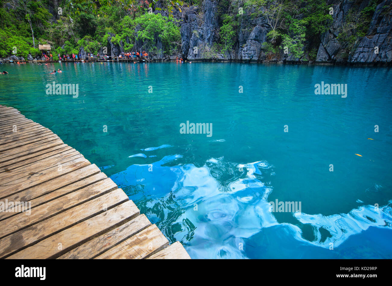 Wooden path on Barracuda Lake in Coron Island, Philippines. Coron Island is a wedgeshaped