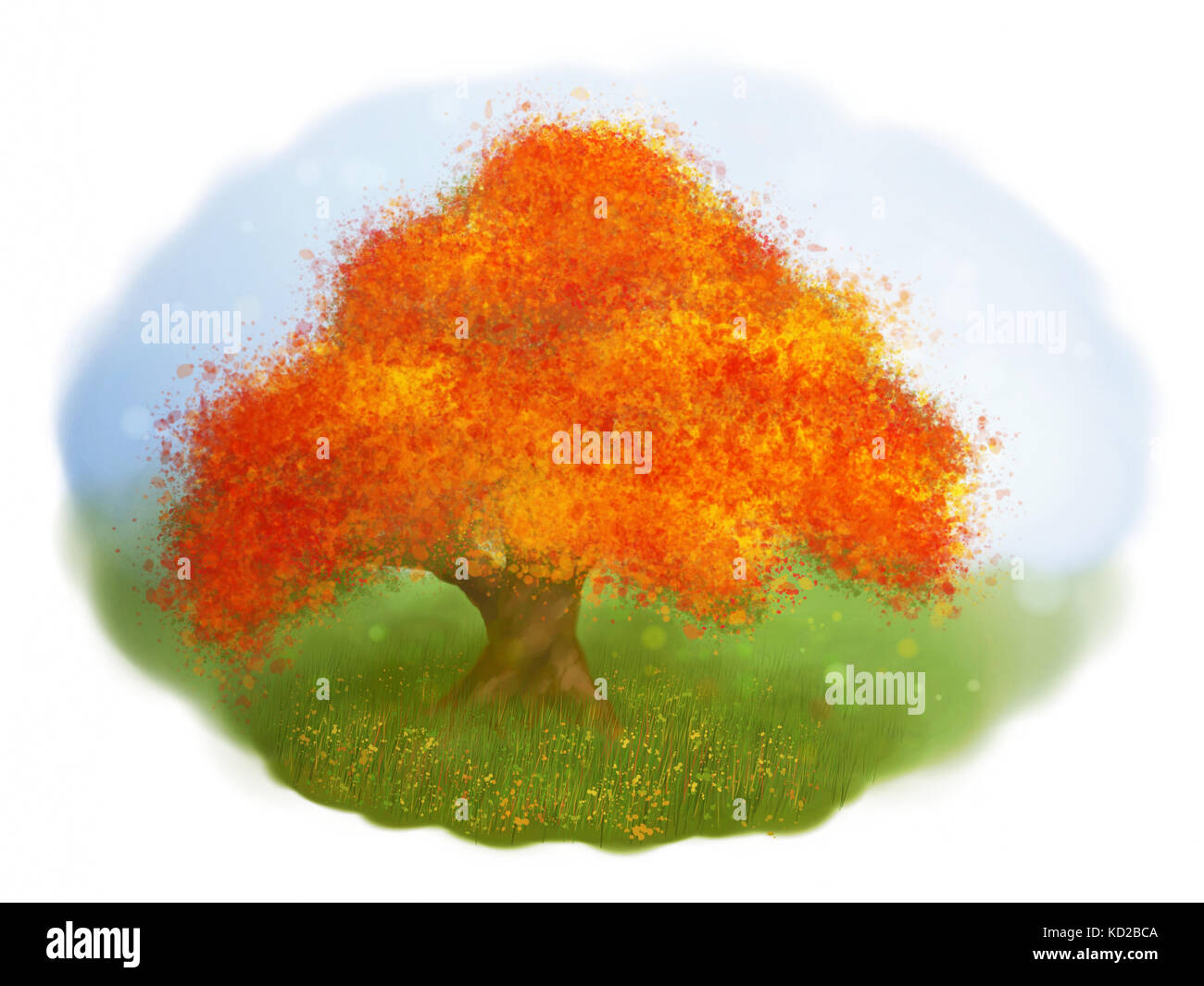 painting of tree with red and orange leaves in autumn on a green meadow ...