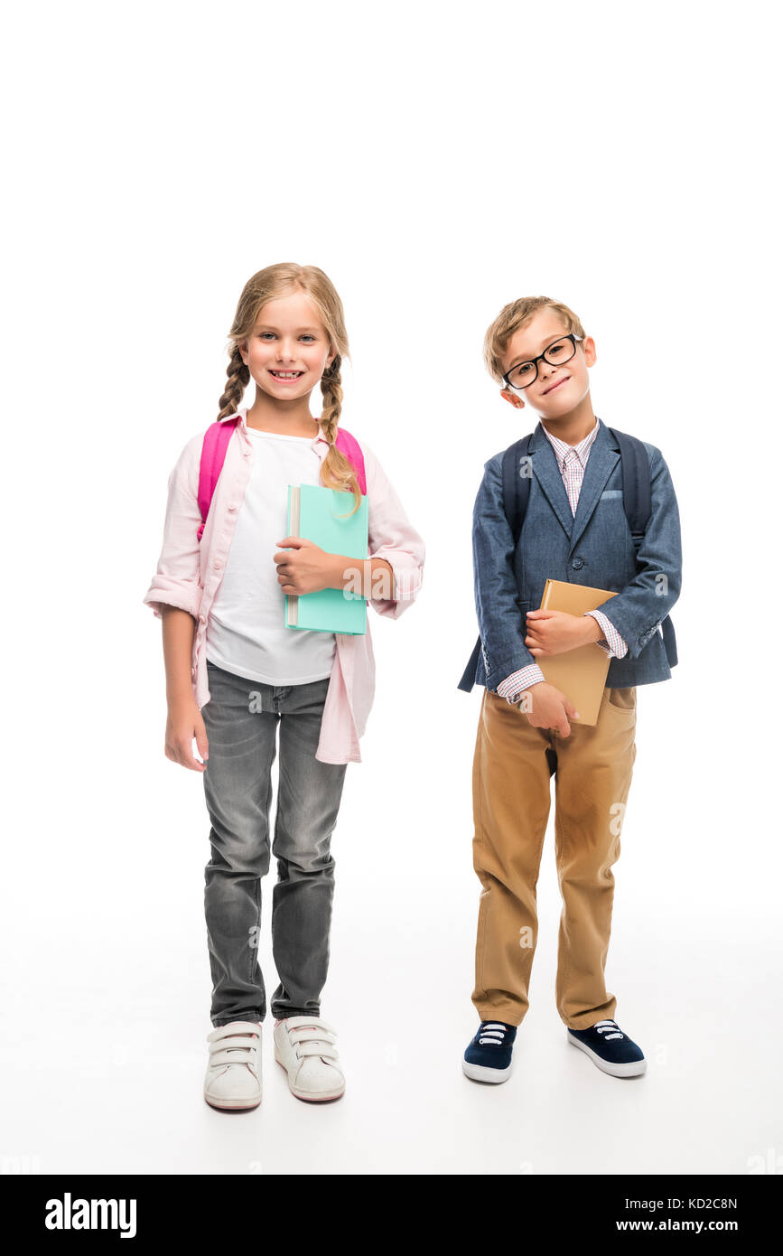 classmates with backpacks and books Stock Photo