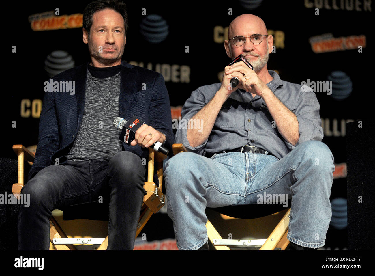 New York, USA. 8th Oct, 2017. David Duchovny and Mitch Pileggi speak at The X-Files panel during the New York Comic Con 2017 at Javits Center on October 8, 2017 in New York City. Credit: Geisler-Fotopress/Alamy Live News Stock Photo