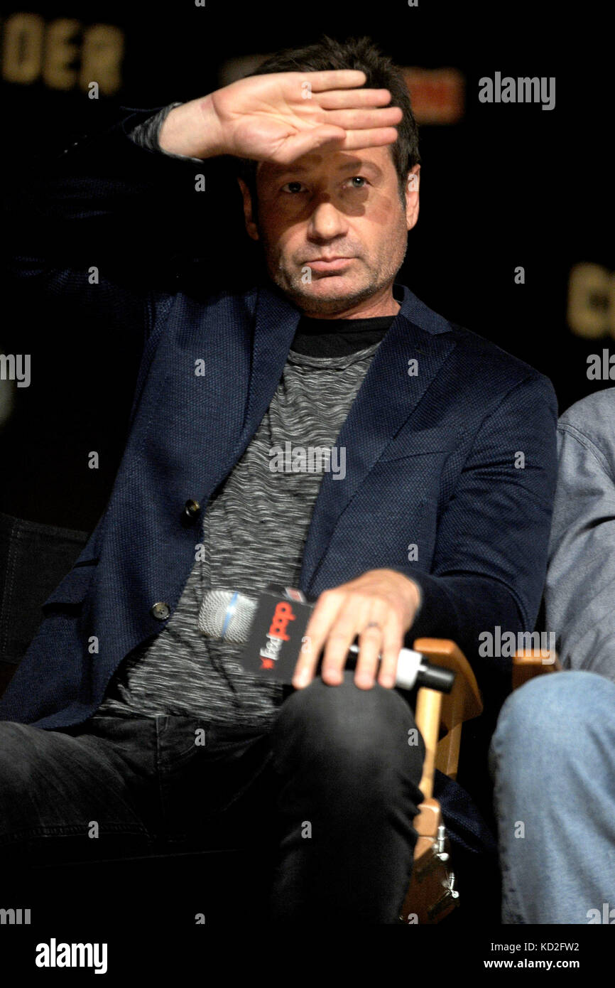 New York, USA. 8th Oct, 2017. David Duchovny speaks at The X-Files panel during the New York Comic Con 2017 at Javits Center on October 8, 2017 in New York City. Credit: Geisler-Fotopress/Alamy Live News Stock Photo