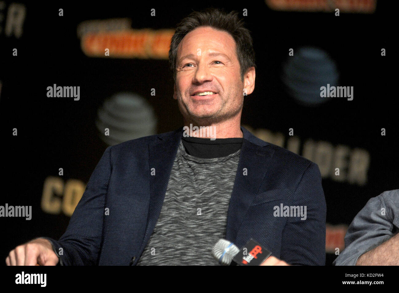 New York, USA. 8th Oct, 2017. David Duchovny speaks at The X-Files panel during the New York Comic Con 2017 at Javits Center on October 8, 2017 in New York City. Credit: Geisler-Fotopress/Alamy Live News Stock Photo