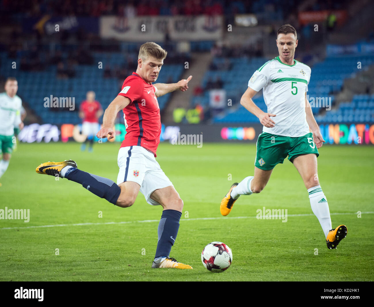 Oslo, Norway. 08th Oct, 2017. Norway, Oslo - October 8, 2017. Alexander Sørloth (21) of Norway and Jonny Evans (5) of Northern Ireland seen during the World Cup Qualifier between Norway and Northern Ireland at Ullevaal Stadion in Oslo. Credit: Gonzales Photo/Alamy Live News Stock Photo