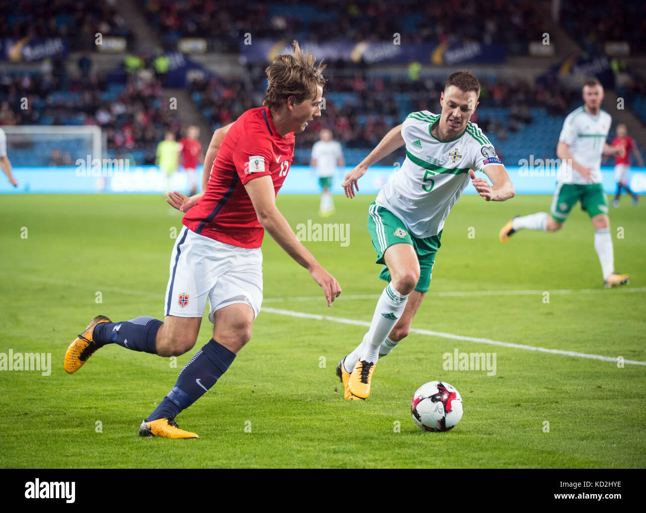 Oslo, Norway. 08th Oct, 2017. Norway, Oslo - October 8, 2017. Sander Berge (15) of Norway and Jonny Evans (5) of Northern Irelandseen during the World Cup Qualifier between Norway and Northern Ireland at Ullevaal Stadion in Oslo. Credit: Gonzales Photo/Alamy Live News Stock Photo