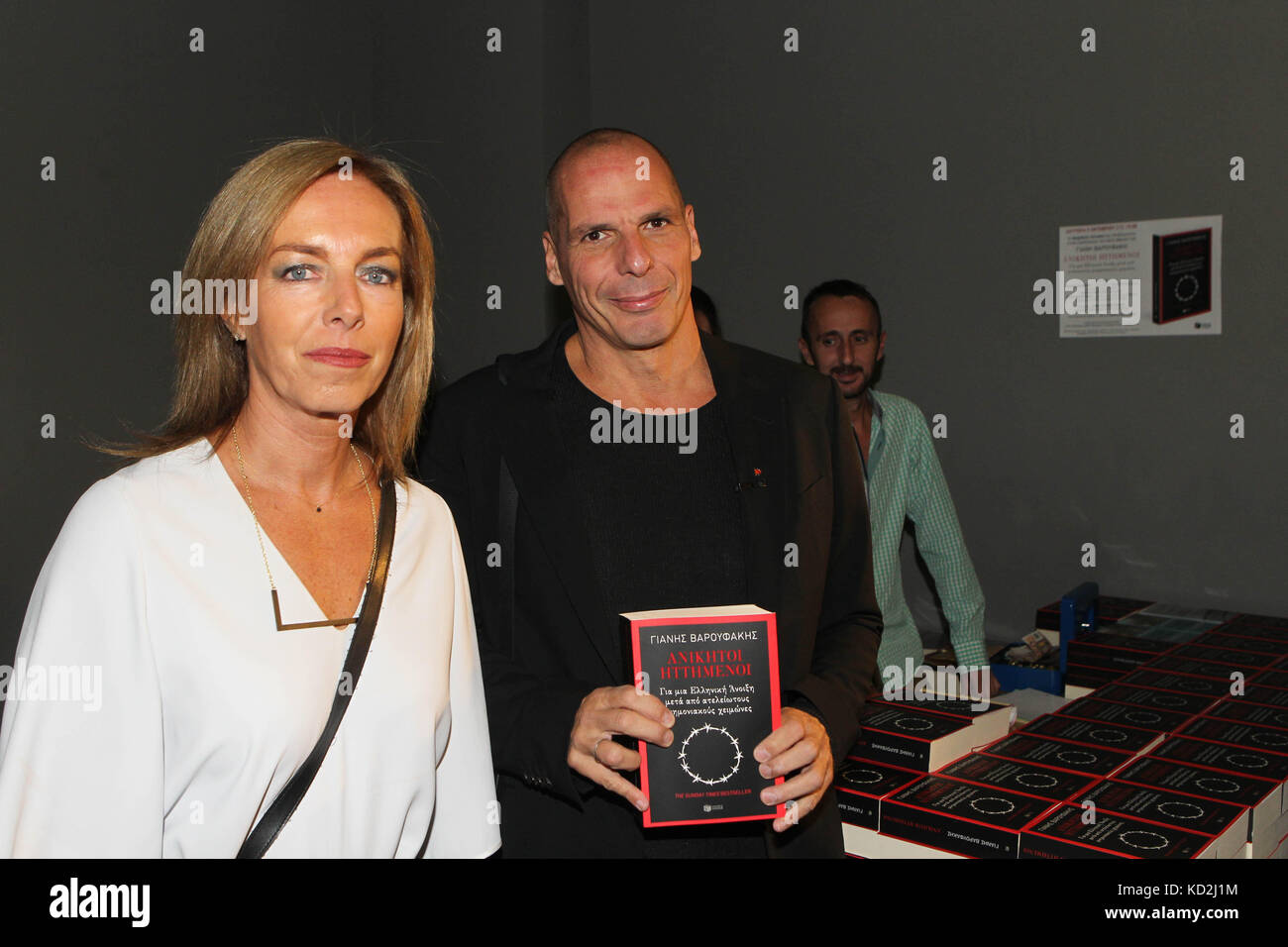 Athens, Greece. 9th Oct, 2017. Former Greek Finance Minister YANIS VAROUFAKIS presents his new book ''Adults in the room'' in Athens. Yanis Varoufakis with his wife Danae Stratou. Credit: Aristidis Vafeiadakis/ZUMA Wire/Alamy Live News Stock Photo