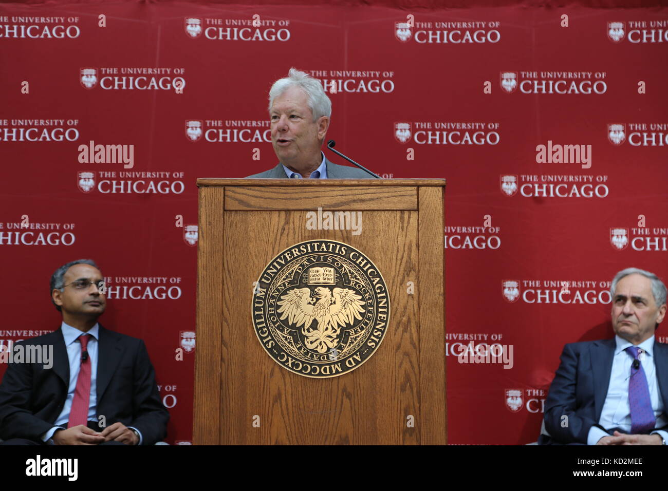 Chicago, USA. 9th Oct, 2017. Richard H. Thaler (C), 2017 Nobel Prize winner in Economics, speaks during a press conference at University of Chicago Booth School of Business in Chicago, the United States, on Oct. 9, 2017. The 2017 Nobel Prize in Economics was awarded to Richard H. Thaler 'for his contributions to behavioural economics,' announced the Royal Swedish Academy of Sciences on Monday. Credit: Wang Qiang/Xinhua/Alamy Live News Stock Photo