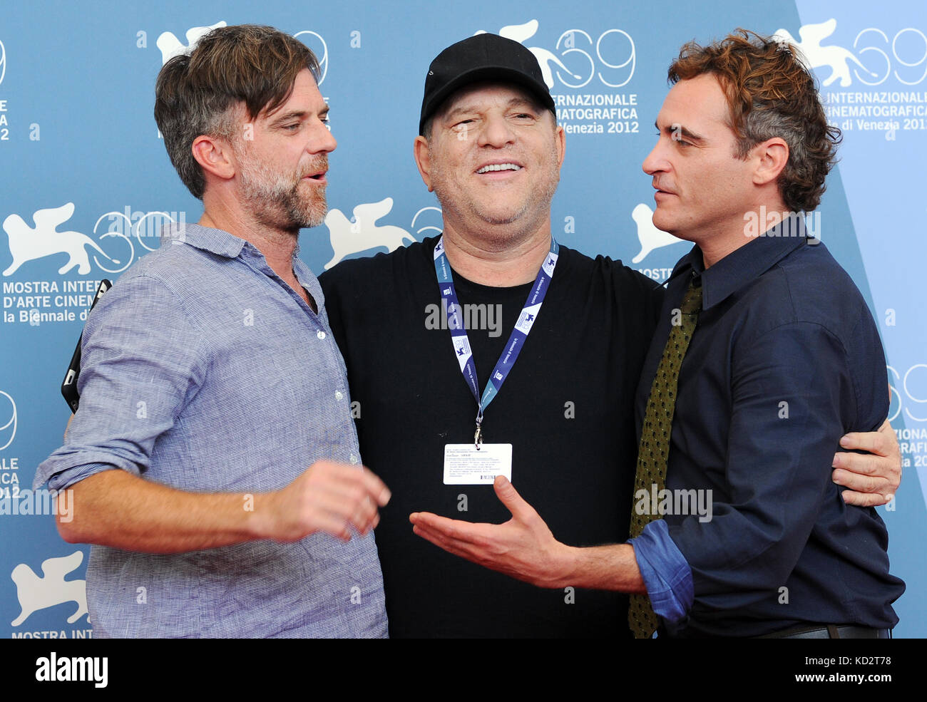 Venice, Italy. 01st Sep, 2012. US director Paul Thomas Anderson (L-R), US film producer Harvey Weinstein and US actor Joaquin Phoenix pose during a photocall of the movie 'The Master' during the 69th Venice International Film Festival in Venice, Italy, 01 September 2012. The movie is presented in the official competition 'Venezia 69' of the festival, which runs from 29 August to 08 September. Credit: Jens Kalaene dpa | usage worldwide/dpa/Alamy Live News Stock Photo
