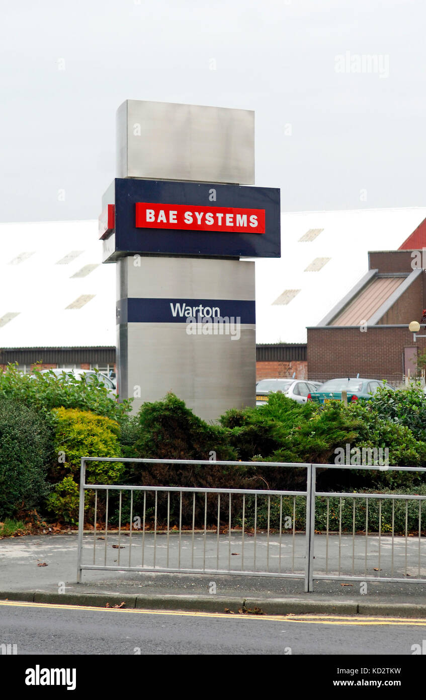 The sign outside the main gate of Bae Systems,Warton plant,Preston,Lancashire,UK, where the Typhoon fighter jet is built. Stock Photo