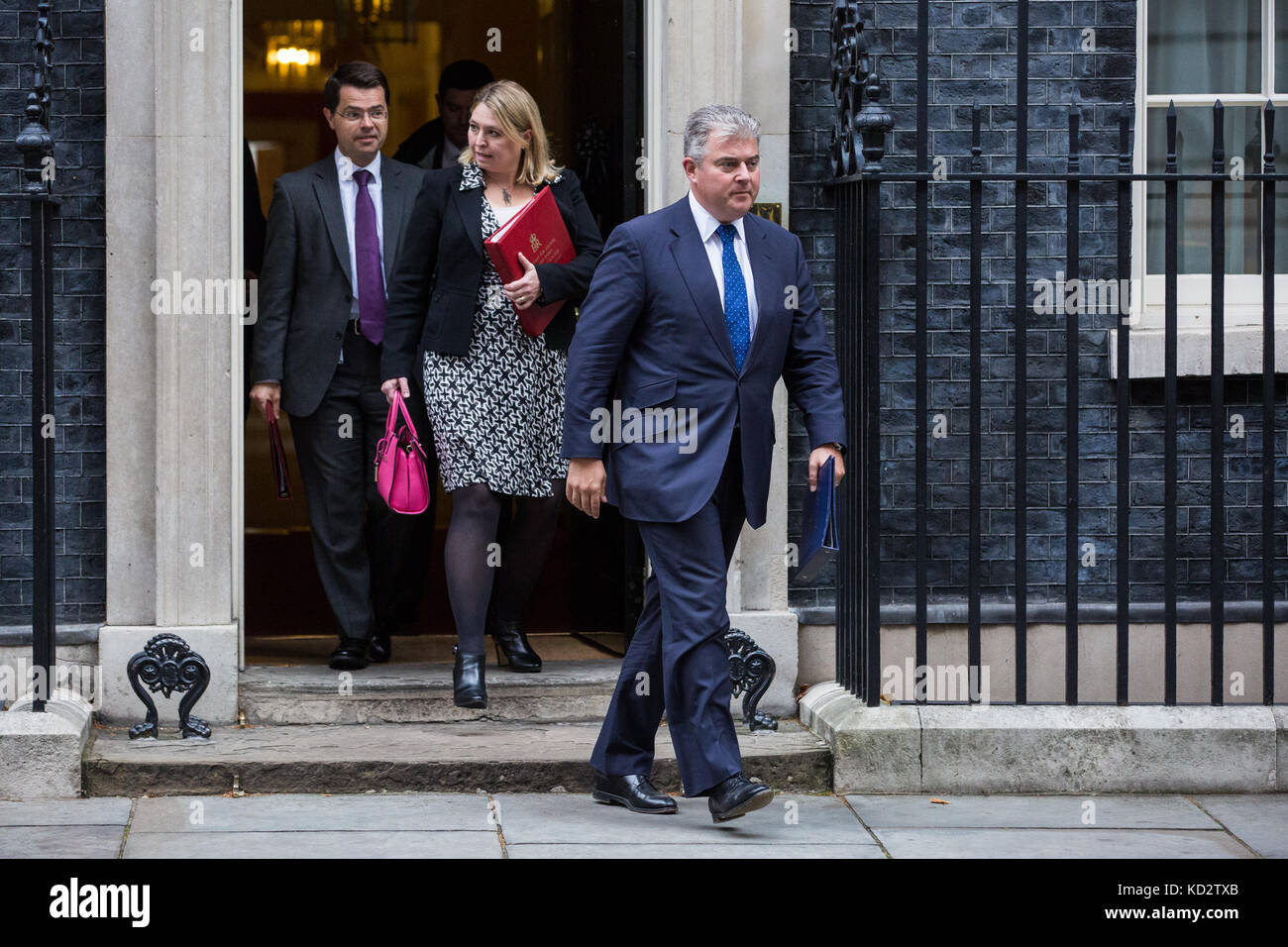 London, UK. 10th Oct, 2017. Brandon Lewis MP, Minister of State, Karen Bradley MP, Secretary of State for Culture, Media and Sport, and James Brokenshire MP, Secretary of State for Northern Ireland, leave 10 Downing Street following a Cabinet meeting. Credit: Mark Kerrison/Alamy Live News Stock Photo