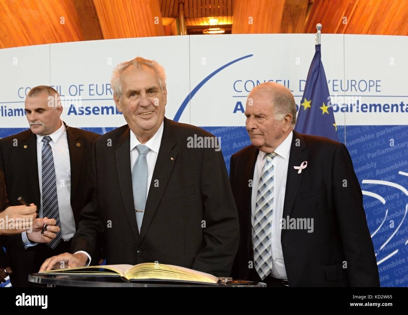 Strasburk, France. 10th Oct, 2017. Czech President Milos Zeman (centre) meets CE Parliamentary Assembly, Chairperson of national delegation: Standing Committee Roger Gale in Strasbourg, France, October 10, 2017. Credit: Jakub Dospiva/CTK Photo/Alamy Live News Stock Photo