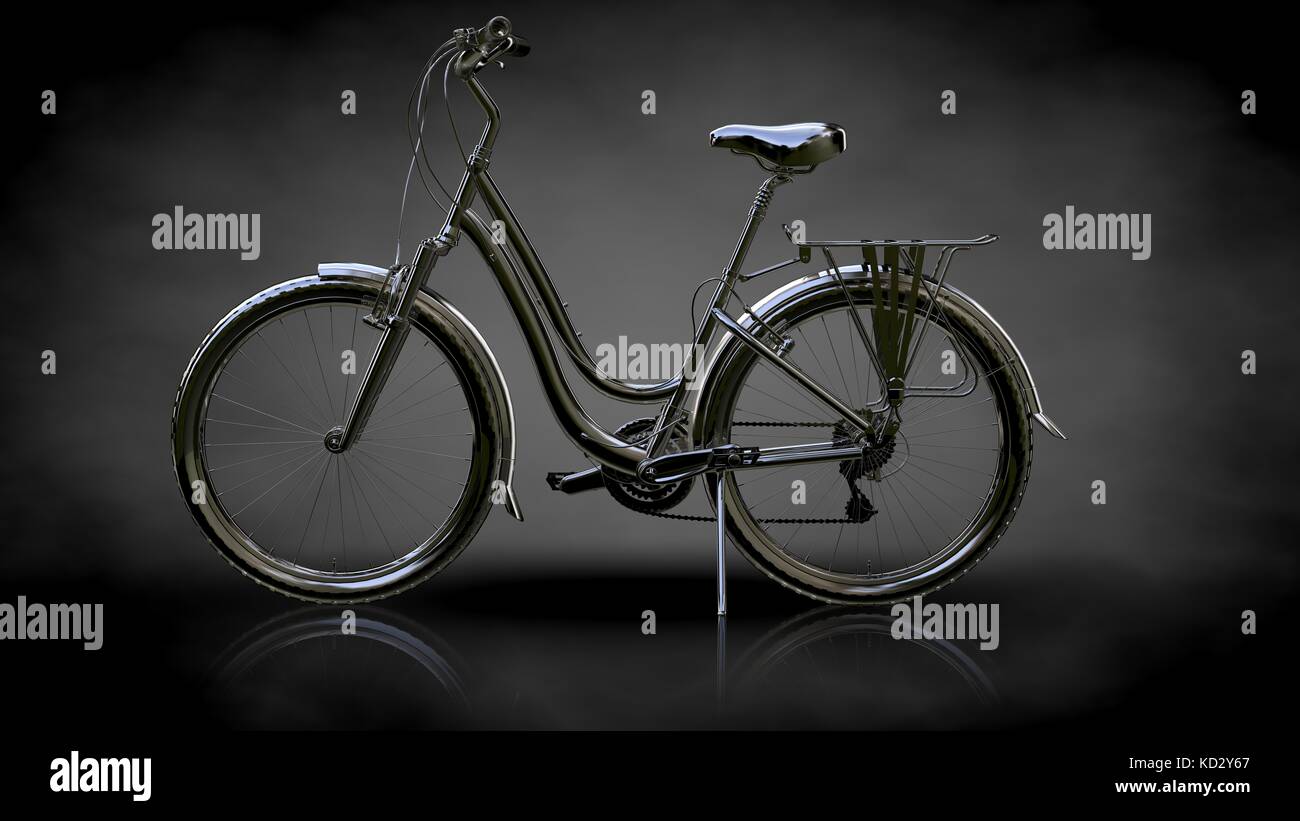 3d rendering of a metalic reflective bike on a dark background Stock Photo
