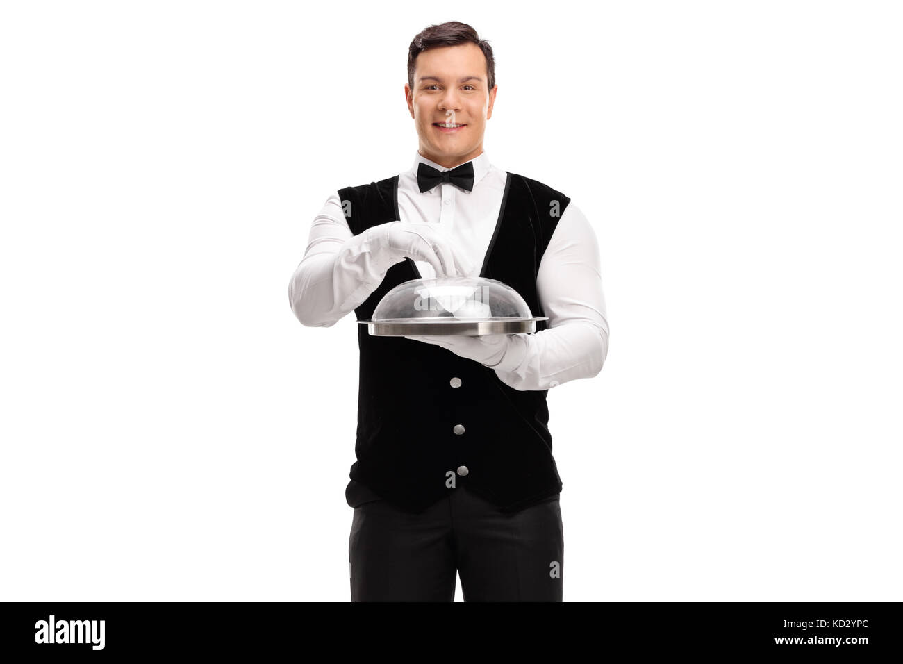 Young waiter holding an empty tray with a plastic lid isolated on white background Stock Photo