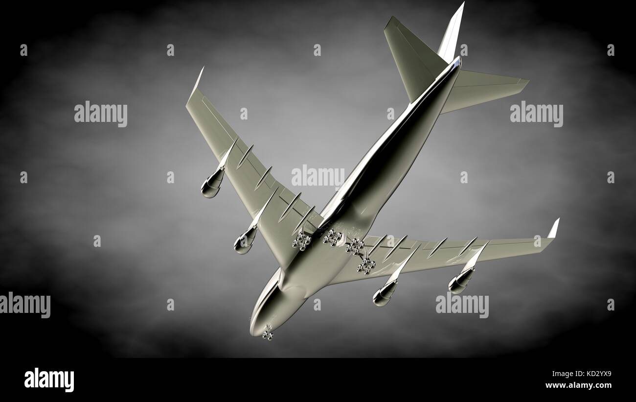 3d rendering of a metalic reflective airplane on a dark background ...