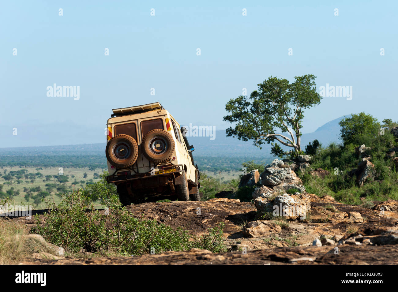 Safari vehicle, Lualenyi Game Reserve, Tsavo, Kenya Stock Photo