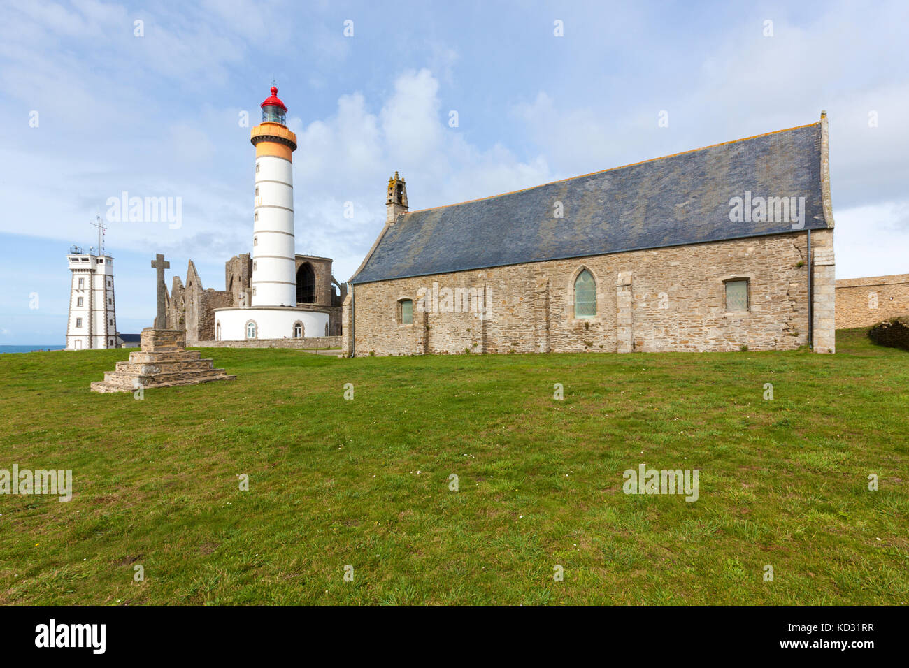 Chapel, lighthouse, semaphore and abbey ruins at Pointe de Saint ...