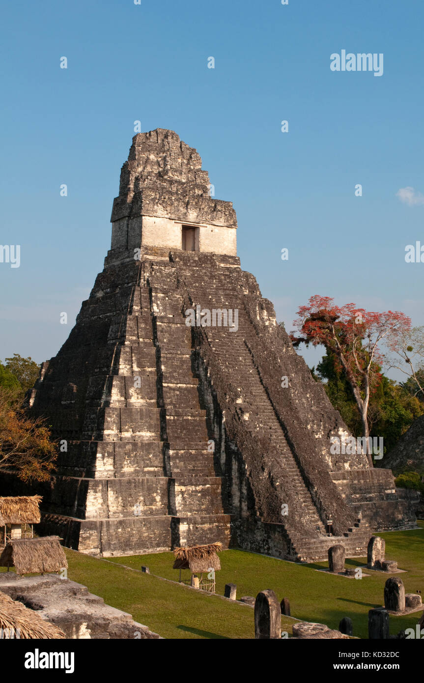 Gran Plaza and Temple I, Tikal mayan archaeological site, Flores, Peten, Guatemala Stock Photo