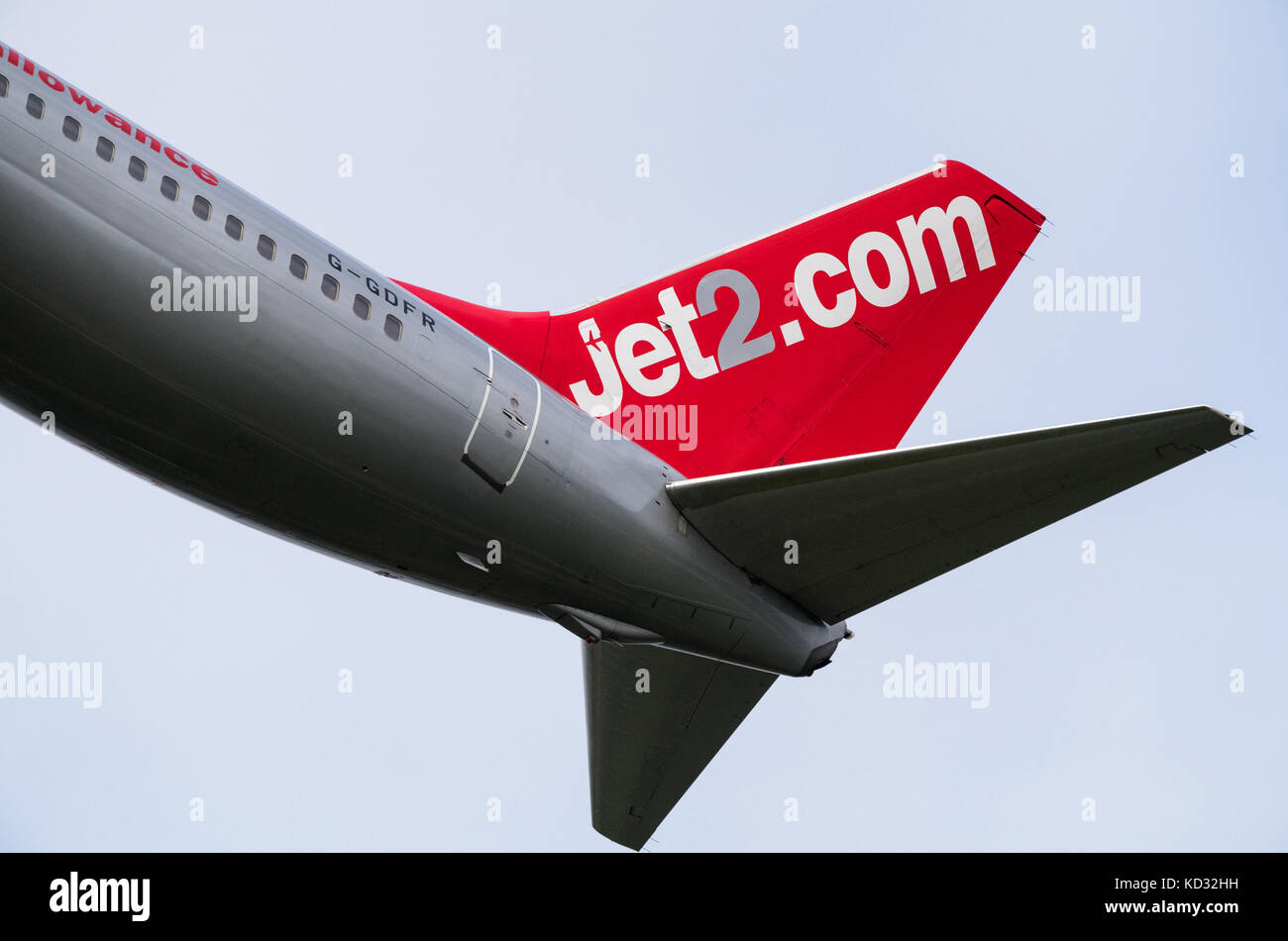 Tail wing of a Boeing 737 Next Generation operated by jet2.com. Stock Photo