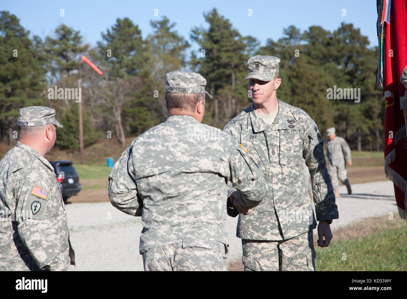 U.S. Army Maj. Gen. Robert E. Livingston Jr., Adjutant General for South Carolina, recognizes North Carolina Army National Guard Soldiers who supported the South Carolina flood response and recovery efforts in October during a ceremony at Camp Butner, N.C., Nov. 14, 2015. South Carolina experienced unprecedented flooding throughout many areas of the state in October due to historic rainfall. (U.S. Army National Guard Photo by Capt. Brian Hare/Released) Stock Photo