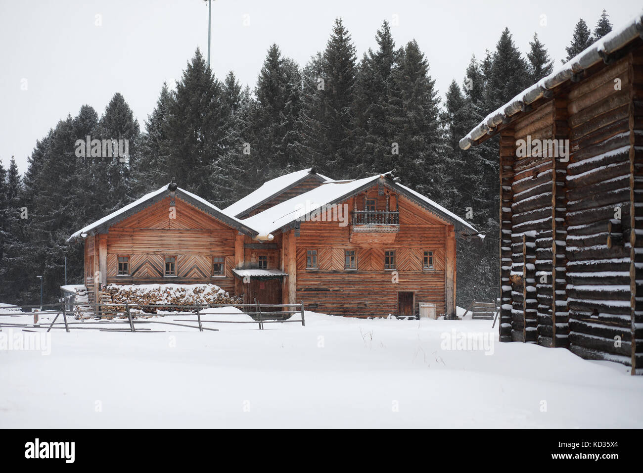 retro wooden house in the forest in russian north Stock Photo - Alamy