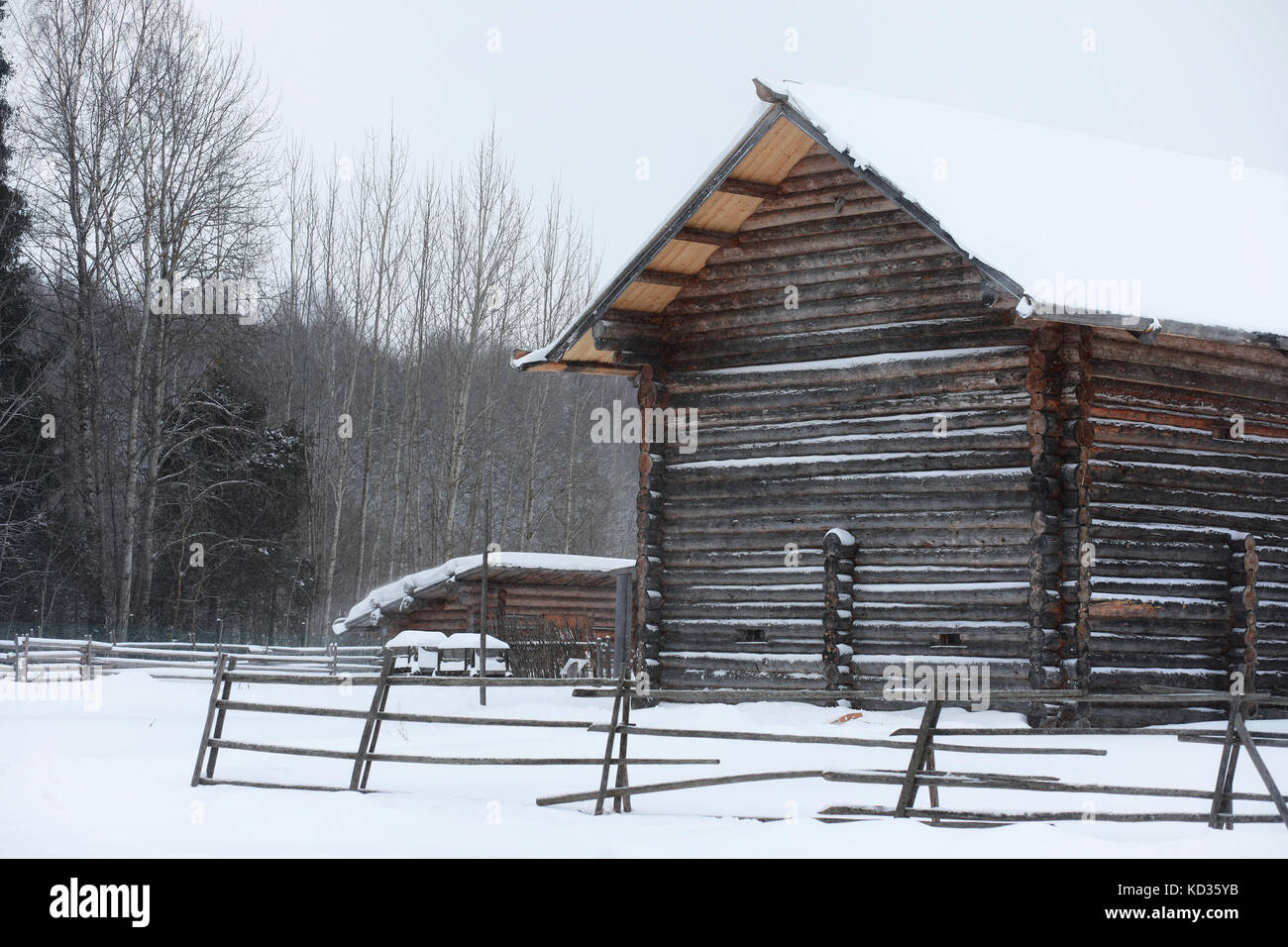retro wooden house in the forest in russian north Stock Photo - Alamy
