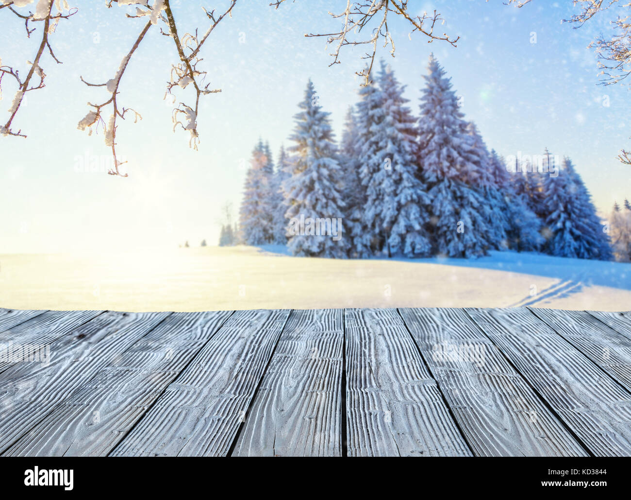 Beautiful snowy landscape panorama with empty old wooden planks, ideal for product placement. Fresh powder snow, winter nature Stock Photo