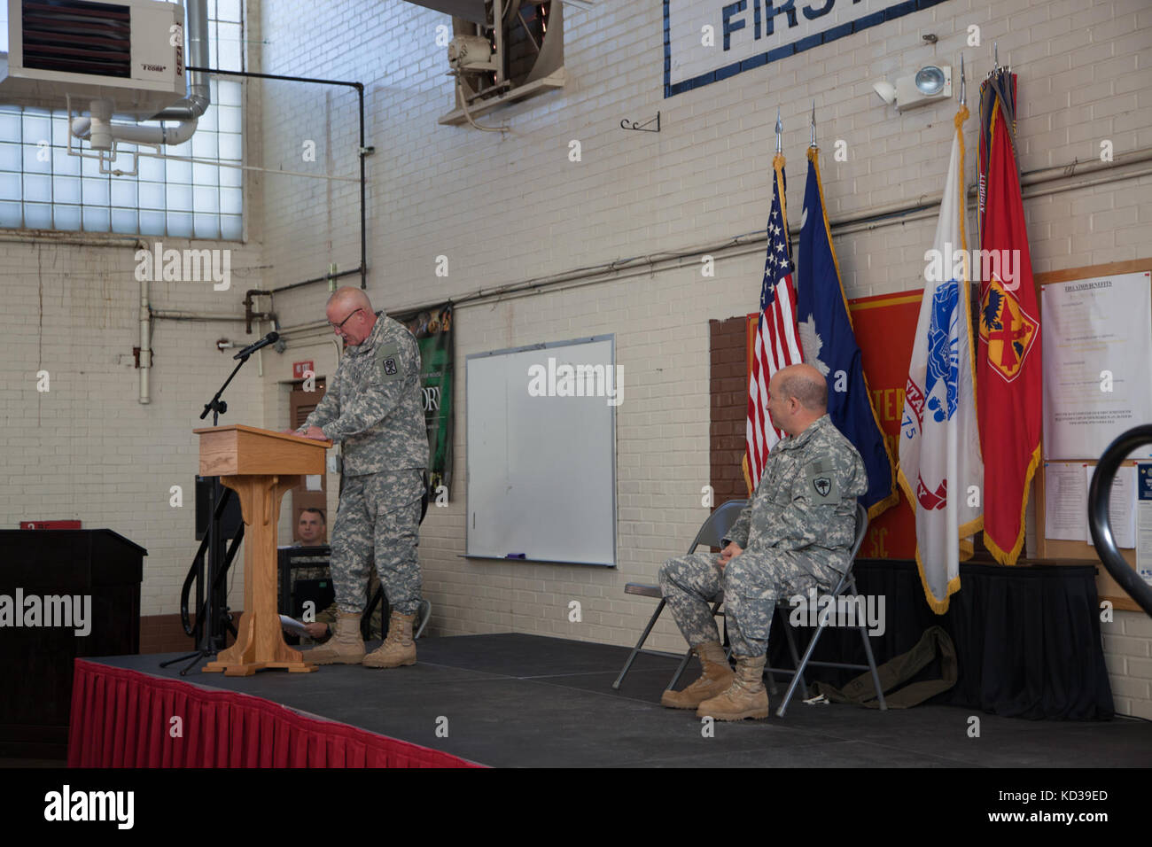 The South Carolina National Guard promoted Timothy J. Sheriff, deputy commanding general of the 263rd Army Air and Missile Defense Command, to the rank of U.S. Army Brigadier General in a ceremony at the National Guard Armory in Seneca, S.C., Oct. 21. Brig. Gen. Sheriff was sworn in at the ceremony by Maj. Gen. Robert E. Livingston, Jr., the Adjutant General for South Carolina, and was pinned by his wife Teresa. “September the 18th of 1980, I enlisted in this very armory,” said Sheriff. “I felt it fitting that 35 years later, that we get together here in Seneca South Carolina for this promotio Stock Photo