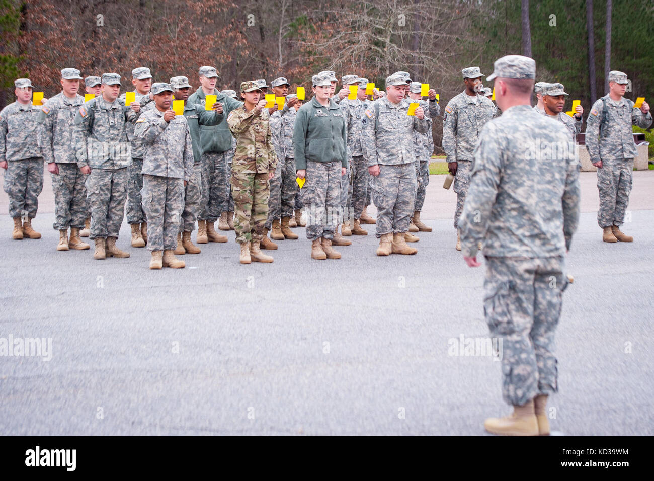 Soldiers recite the Creed of the Non-Commissioned Officer in formation while attending Basic Leadership Course (BLC) at McCrady Training Center in Eastover, S.C., Jan. 9, 2016. BLC is an intensive month-long course with an emphasis on leadership skills and prepares Soldiers to advance to the rank of sergeant. (U.S. Army National Guard photo by Sgt. Brian Calhoun, 108th Public Affairs Det/Released) Stock Photo