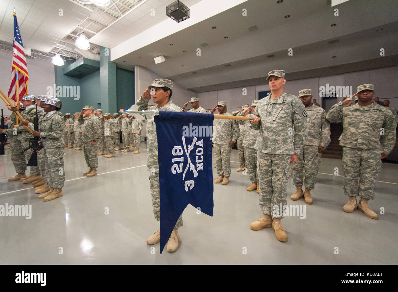 The S.C. Army National Guard’s 218th Leadership Regiment held its change of command ceremony Aug. 1, 2015, at McCrady Training Center, Eastover, S.C., to honor outgoing commander, U.S. Army Col. James R. Finley, and incoming commander, U.S. Army Lt. Col. Renita L. Berry.  Lt. Col. Berry’s distinguished 28-year military career includes deployments in support of Operation Joint Guard, Bosnia and Operation Joint Guardian, Kosovo. (U.S. Army National Guard photo by Sgt. Brian Calhoun/Released) Stock Photo