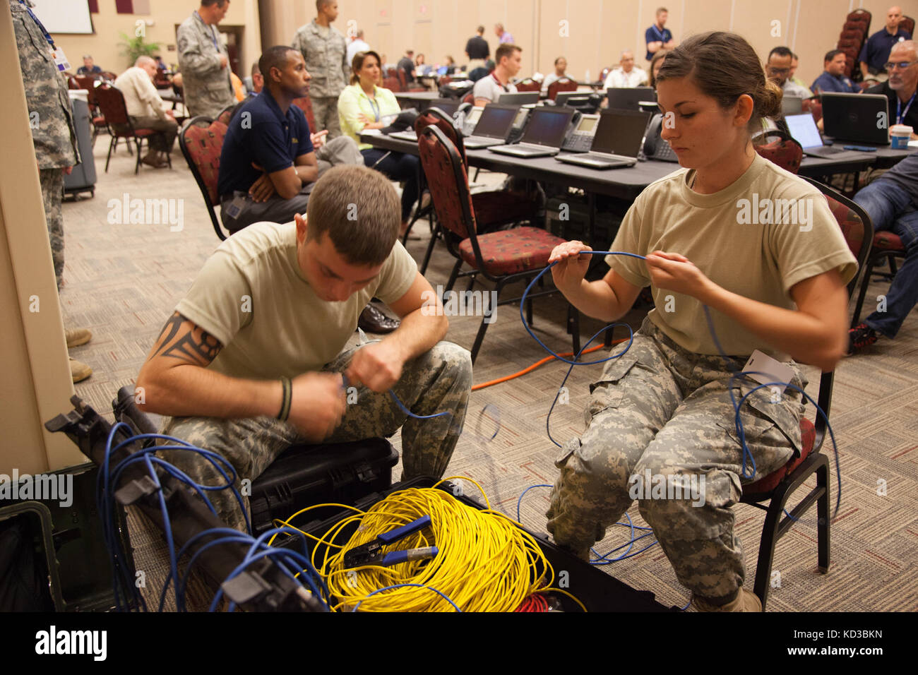 Soldiers and Airmen from the South Carolina National Guard’s Joint Incident Site Communications Capability (JISCC) team supported Southern Exposure 15 by providing voice and data capabilities to the Federal Emergency Management Agency Mission Control Center in Florence, South Carolina, July 20-23, 2015. Southern Exposure 15 was a full-scale interagency exercise designed to address the local, state, and federal response to a nuclear power plant incident involving a radiological material release. Stock Photo