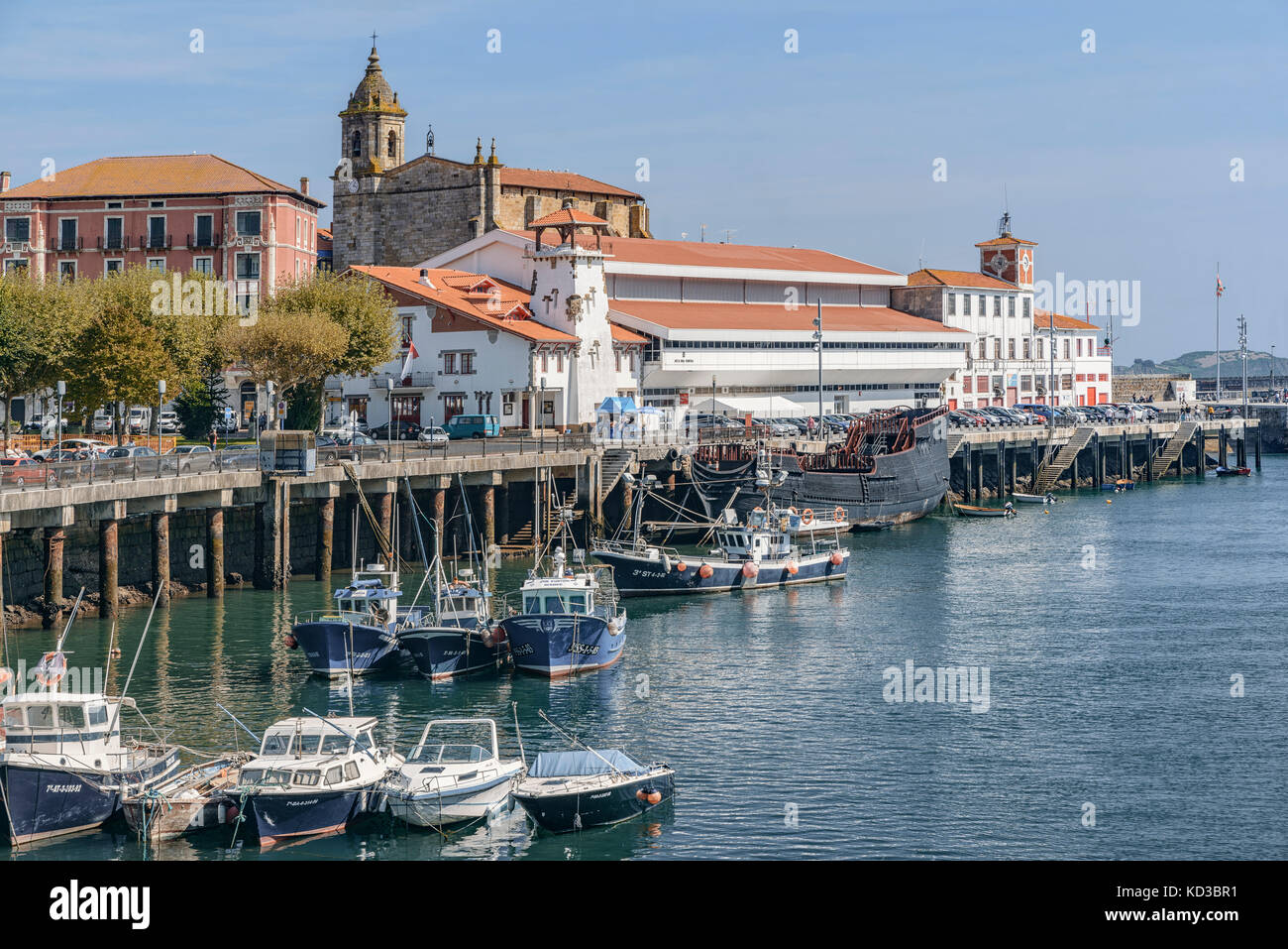Library, church and old cofradia of fishermen San Pedro in disuse with the mermaid for warnings of Bermeo, Basque County, Spain, Stock Photo
