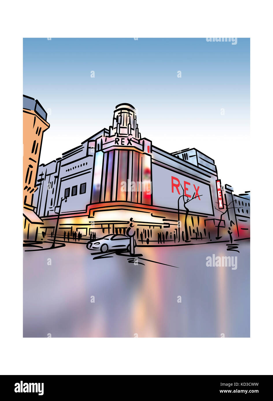 Illustration of Le Grand Rex cinema in Paris, France Stock Photo
