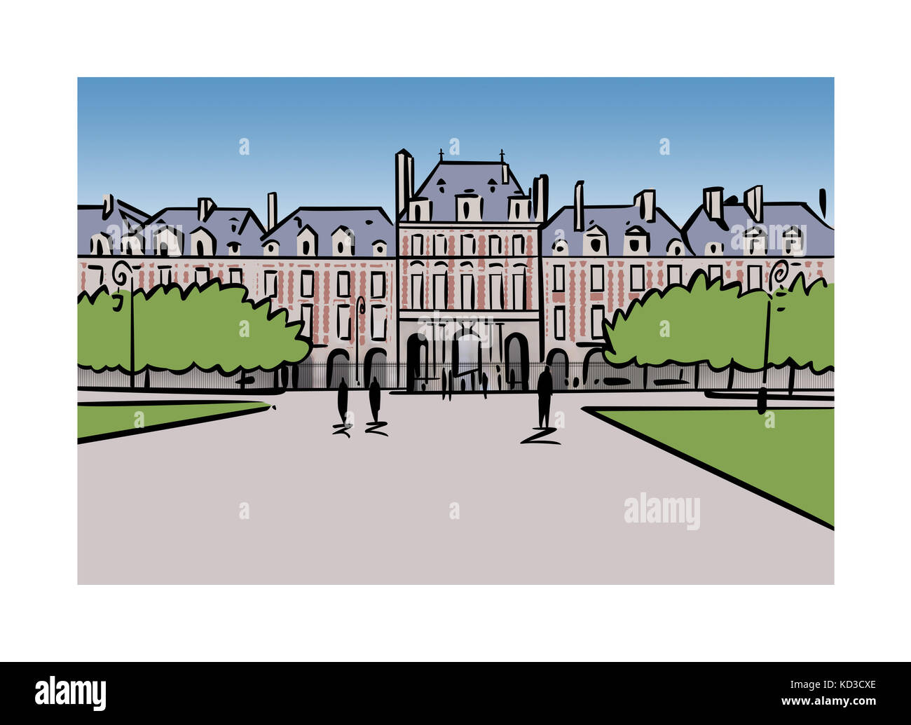 Illustration of Place des Vosges in Paris, France Stock Photo