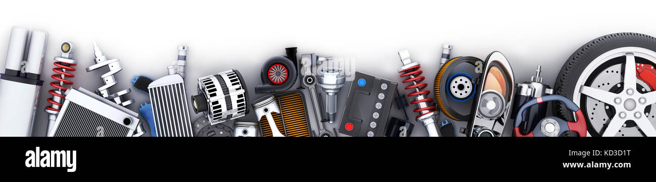 Many auto parts row. 3d illustration Stock Photo
