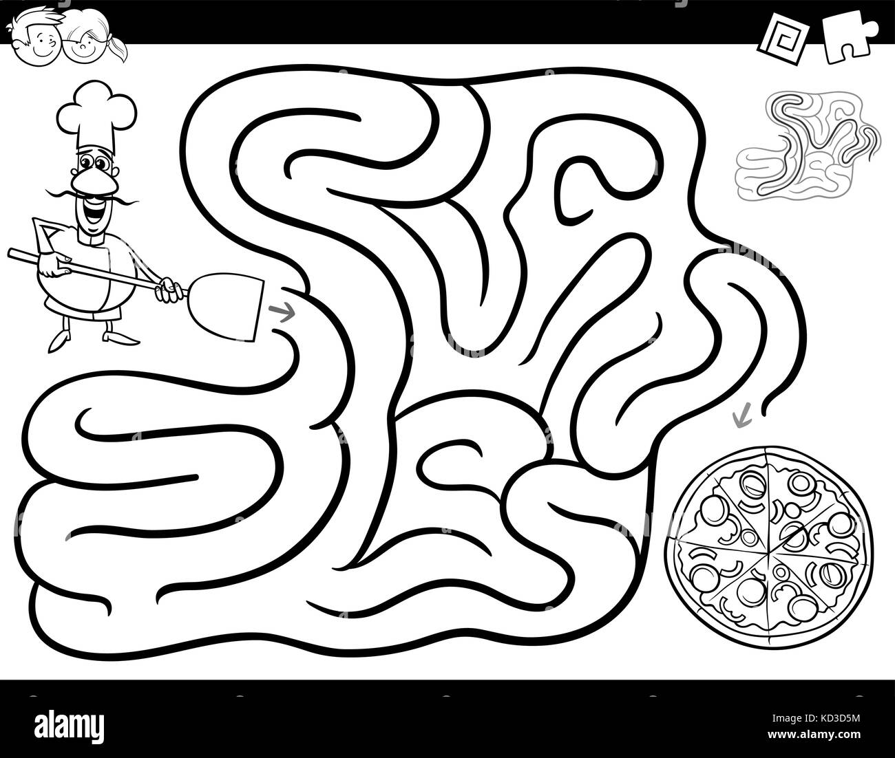 Black and White Cartoon Illustration of Education Maze or Labyrinth  Activity Game for Children with Chef Character and Pizza Coloring Book  Stock Vector Image & Art - Alamy