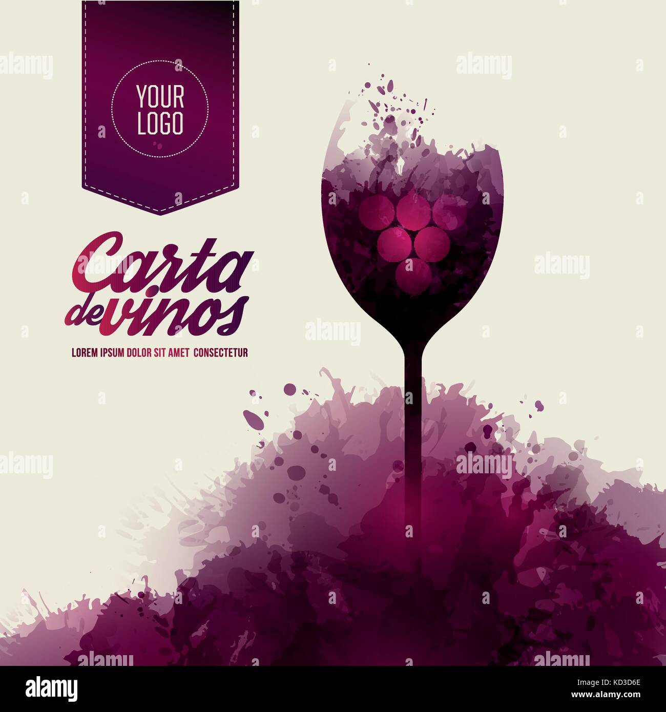 Template list or wine tasting. Illustration glass of wine. Background with wine stains, expressive texture. Vector Stock Vector