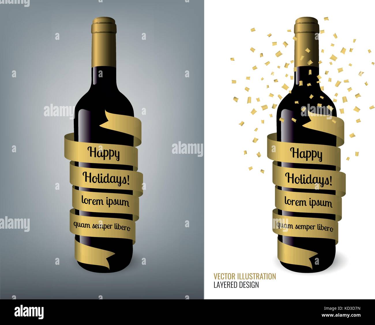 Realistic wine bottle illustration with ribbons for your text. Vector