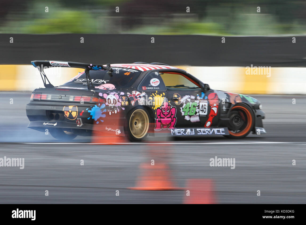 ISTANBUL, TURKEY - JULY 29, 2017: Dogukan Manco drives Nissan 200SX S14 of Manco Team in Apex Masters Turkish Drift Series Istanbul Race. Stock Photo