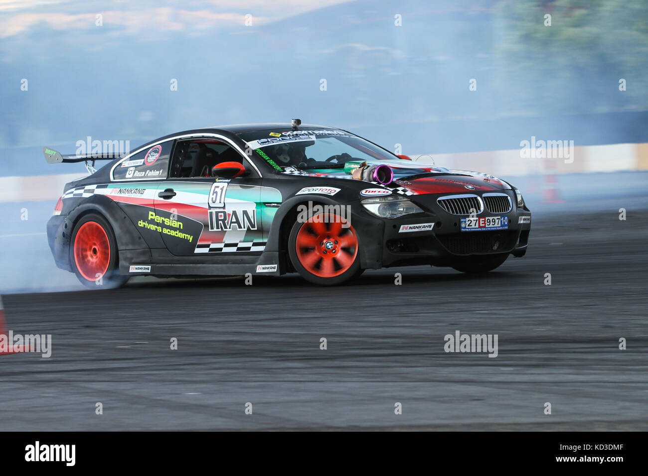 ISTANBUL, TURKEY - JULY 29, 2017: Fahim Reza Keykhosravi drives BMW Engine S85 Turbo Charge in Apex Masters Turkish Drift Series Istanbul Race. Stock Photo