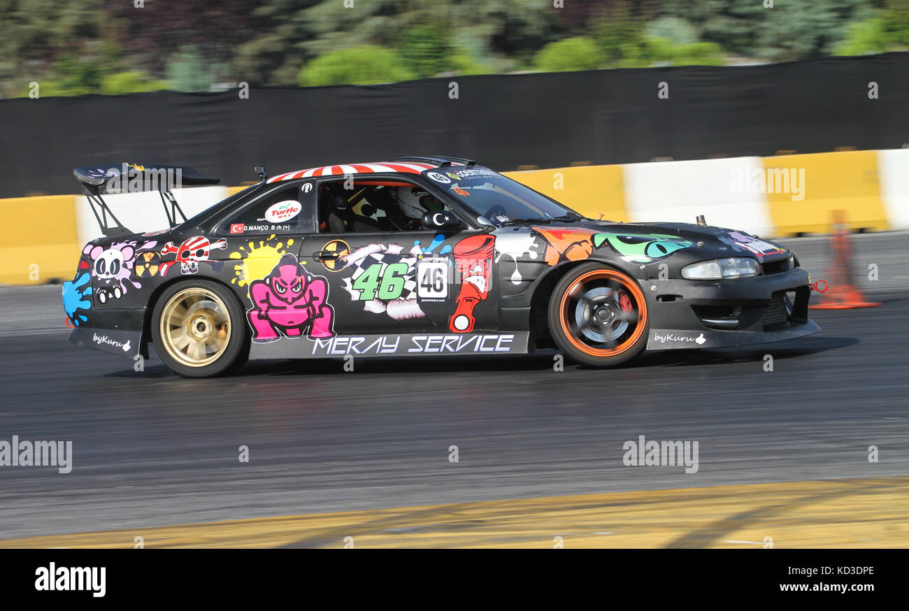 ISTANBUL, TURKEY - JULY 29, 2017: Dogukan Manco drives Nissan 200SX S14 of Manco Team in Apex Masters Turkish Drift Series Istanbul Race. Stock Photo