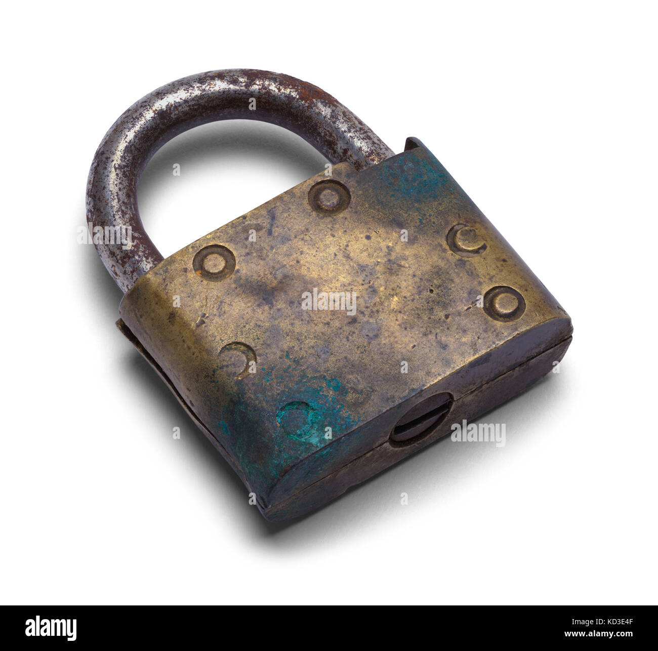 Old Brass Lock Isolated on a White Background. Stock Photo