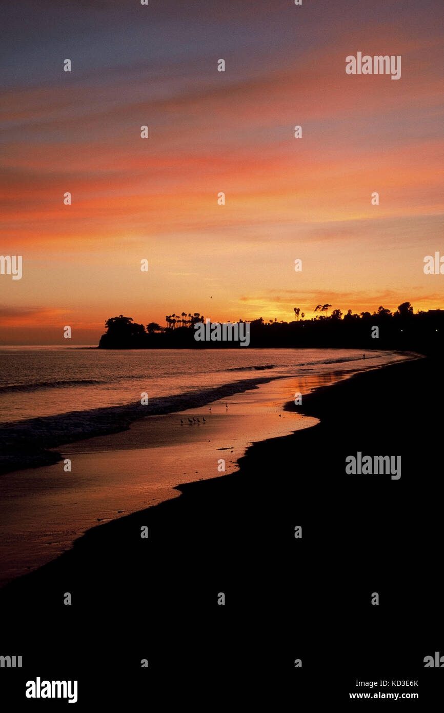 A sunset silhouette of the coast at Santa Barbara, California. Stock Photo