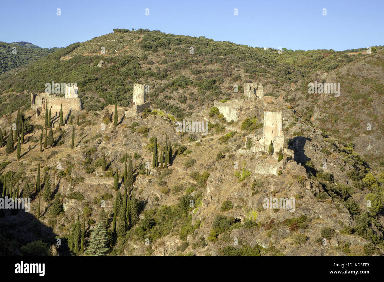 The four castles forming the Châteaux de Lastours, perched on a rocky spur above the village of Lastours Stock Photo