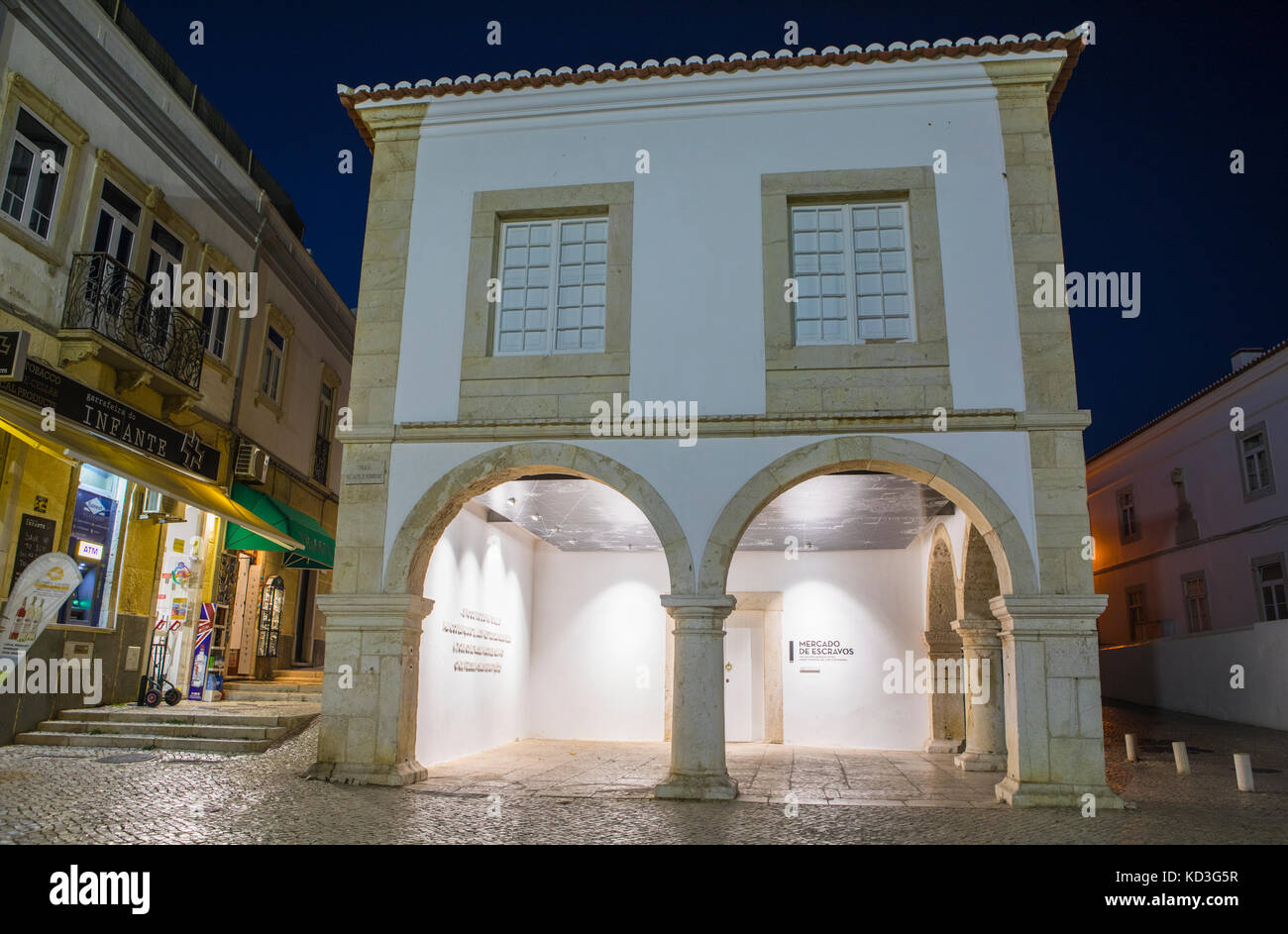 LAGOS, PORTUGAL - SEPTEMBER 15TH 2017: A dusk-time view of the Mercado De Escravos - the Slave Market Museum, located in the historic old town of Lago Stock Photo