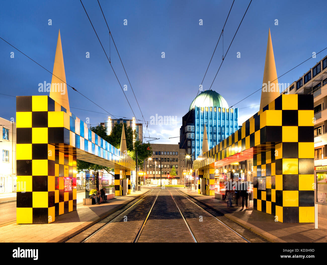 Tram stop Steintor, artist Alessandro Mendini, rear Anzeiger high-rise, evening twilight, Hannover, Lower Saxony, Germany Stock Photo